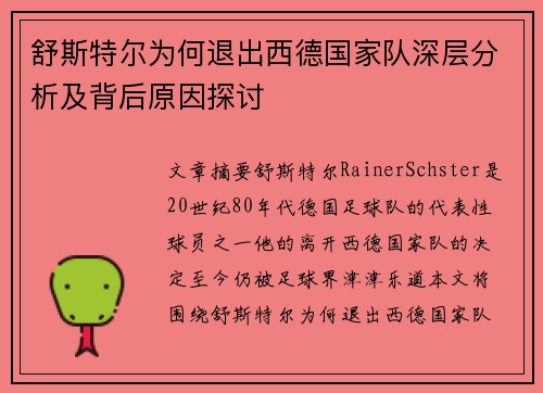 舒斯特尔为何退出西德国家队深层分析及背后原因探讨