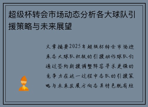 超级杯转会市场动态分析各大球队引援策略与未来展望