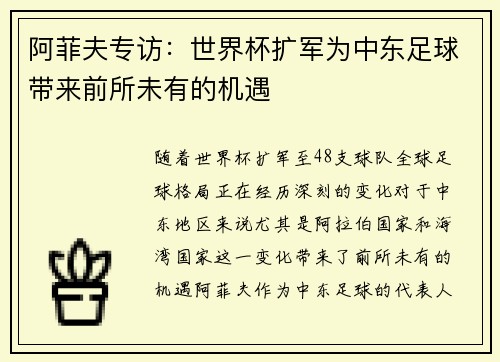 阿菲夫专访:世界杯扩军为中东足球带来前所未有的机遇 阿菲夫专访:世界杯扩军为中东足球带来前所未有的机遇