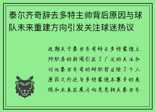 泰尔齐奇辞去多特主帅背后原因与球队未来重建方向引发关注球迷热议